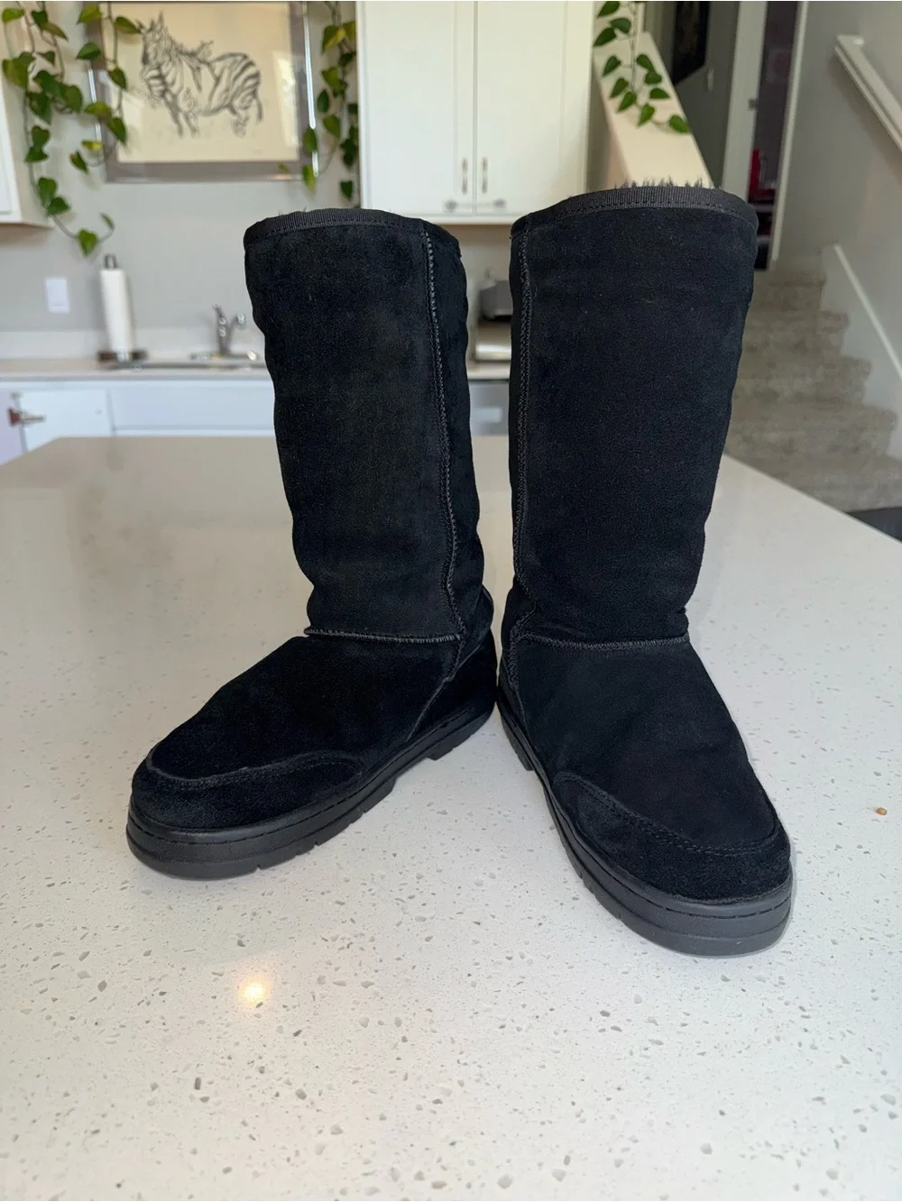 UGG Black Suede Mid-Calf Boots with Contrast Stitching